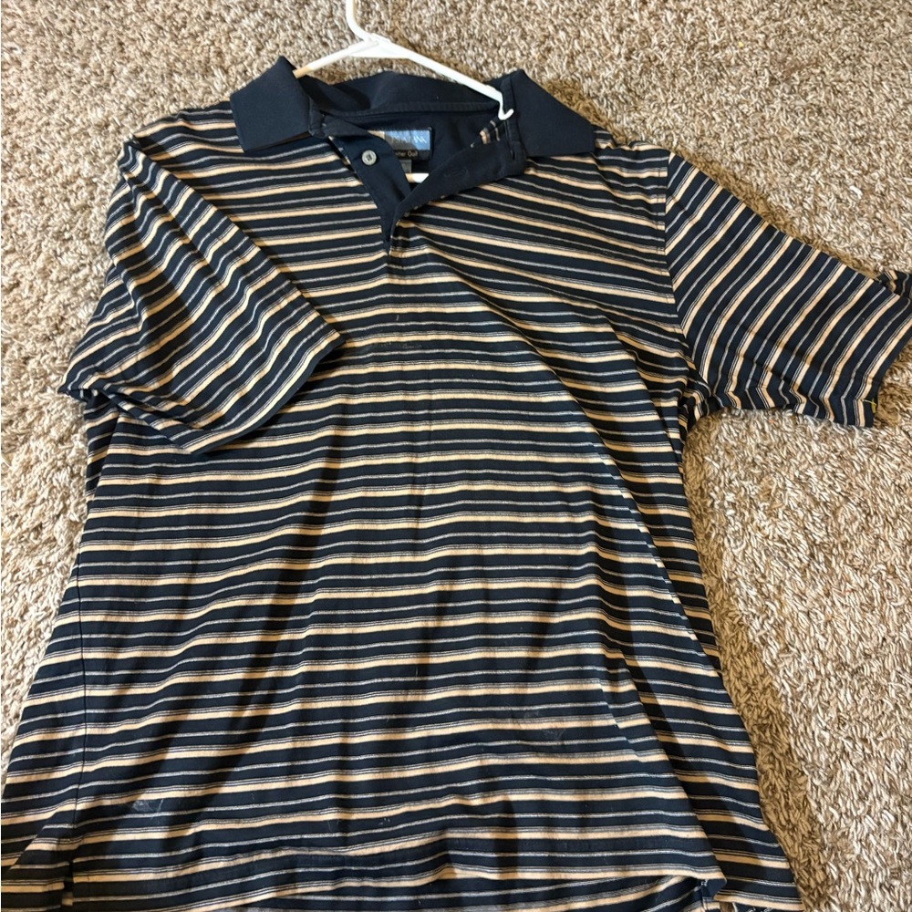 Izod Men's Polo Shirt - Navy and Tan Stripes